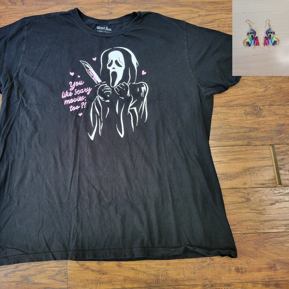 GHOST FACE Scream You Like Scary Movies Too?! Black Shirt sz 3X w/ Earrings EUC
